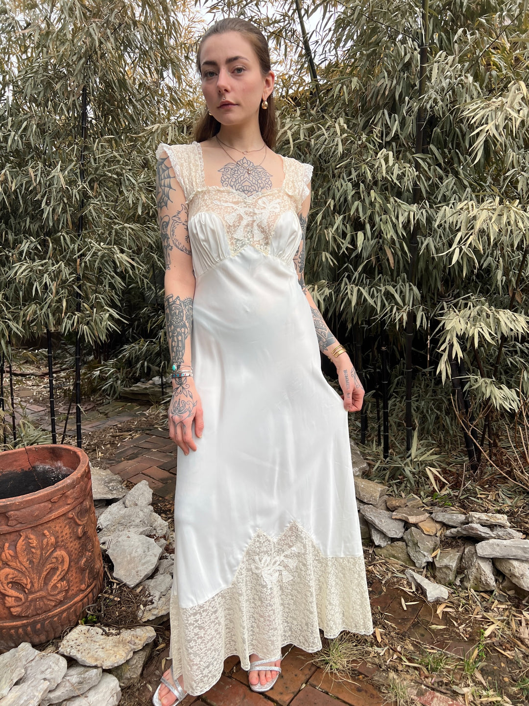 40s Off White Rayon Long Gown, Bias Cut, Godfried