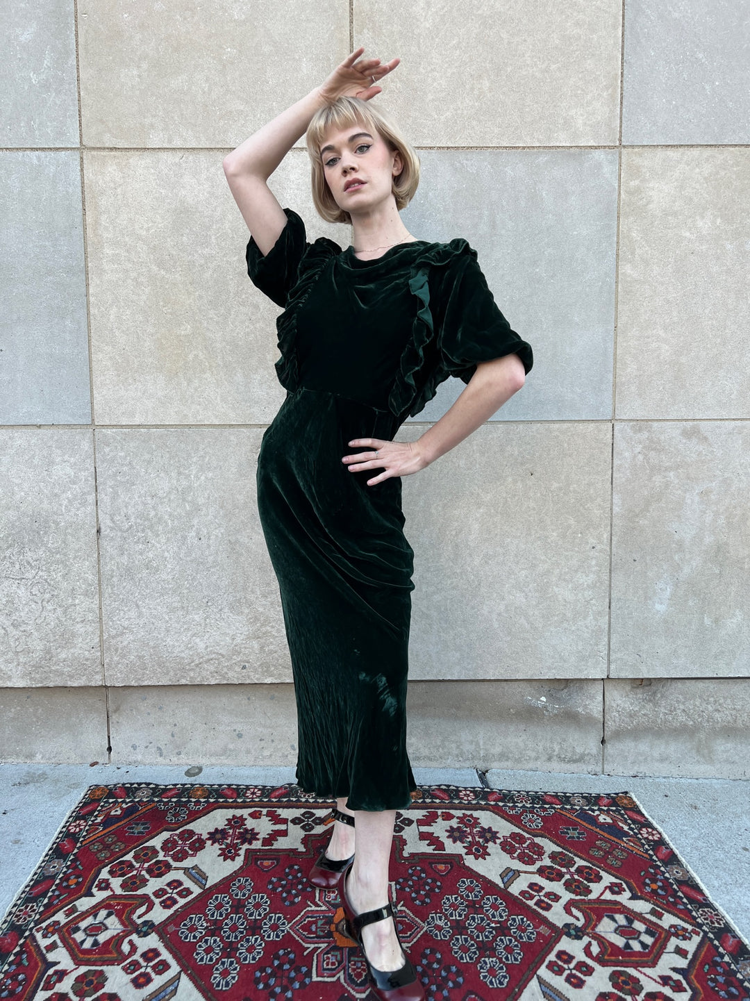 30s Green Silk Velvet Dress, Bias Cut