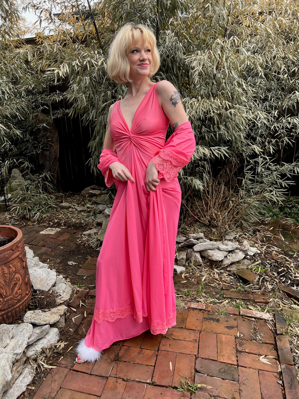 70s Hot Pink Nylon Peignoir Robe Set, Olga