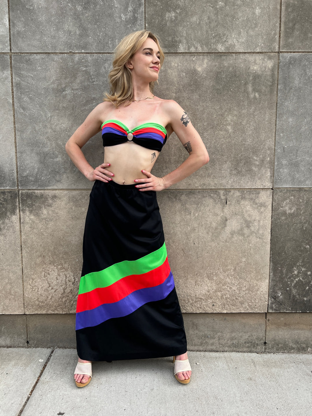 80s Black and Rainbow Nylon Swimsuit Set, Jantzen