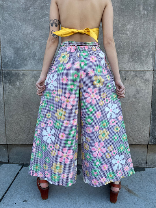 70s Purple White Gingham and Floral Bell Bottom Pants