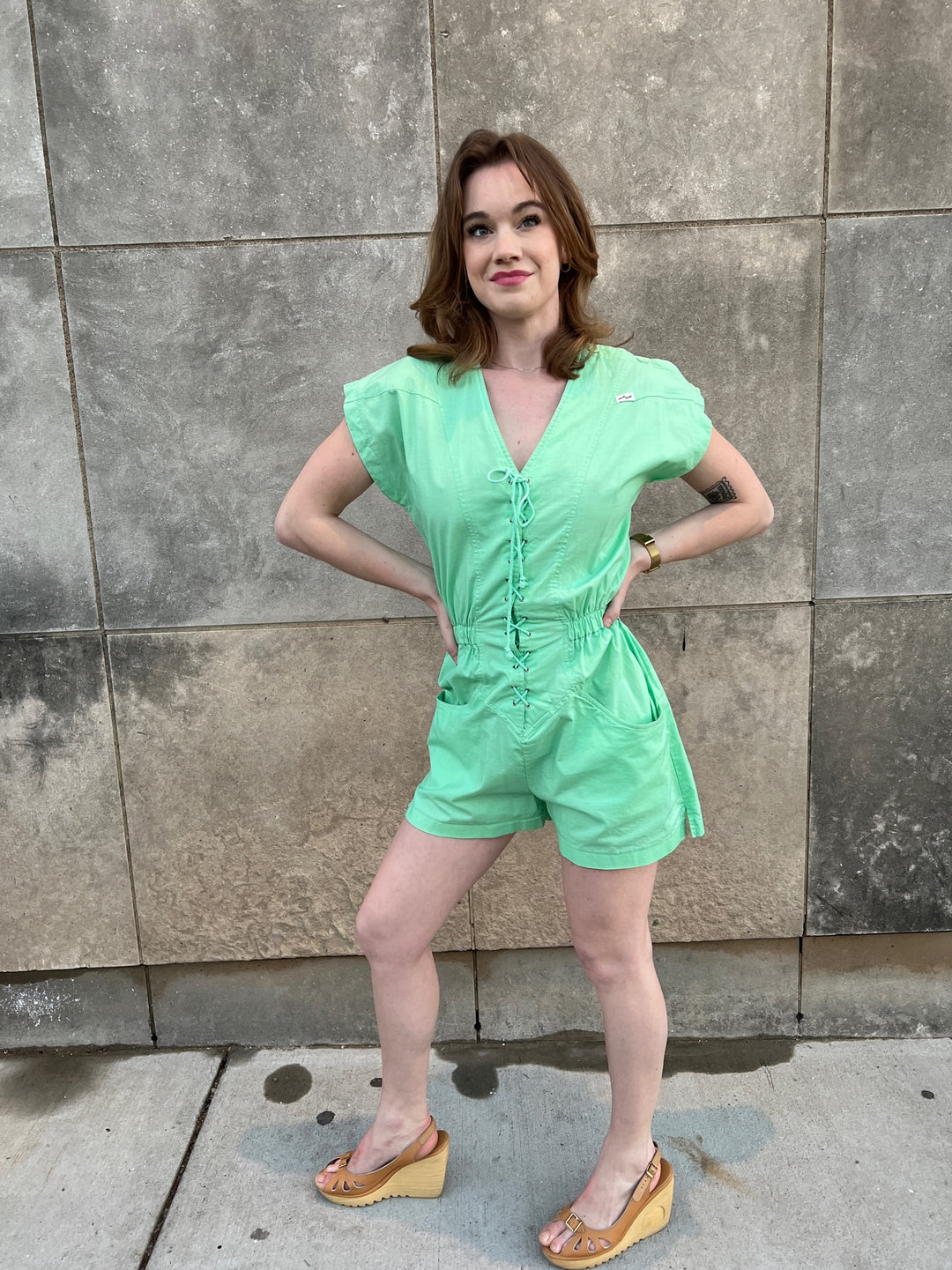 80s Green Cotton Romper, Nok Nok
